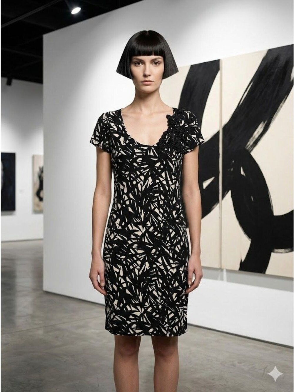 ETRO Milano Black White Geometric Print Silk Dress Beaded Applique Italian 42 M
